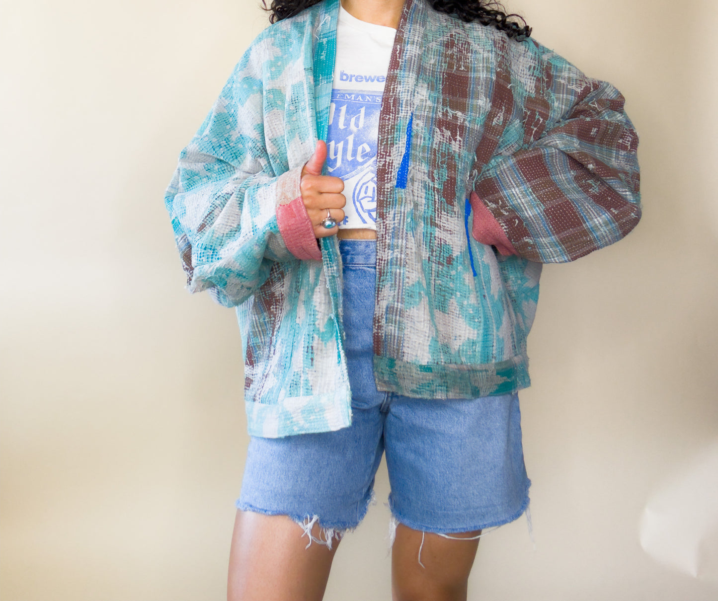 New Grunge | Raglan Sleeve Cropped Quilted Kantha Jacket | Reversible