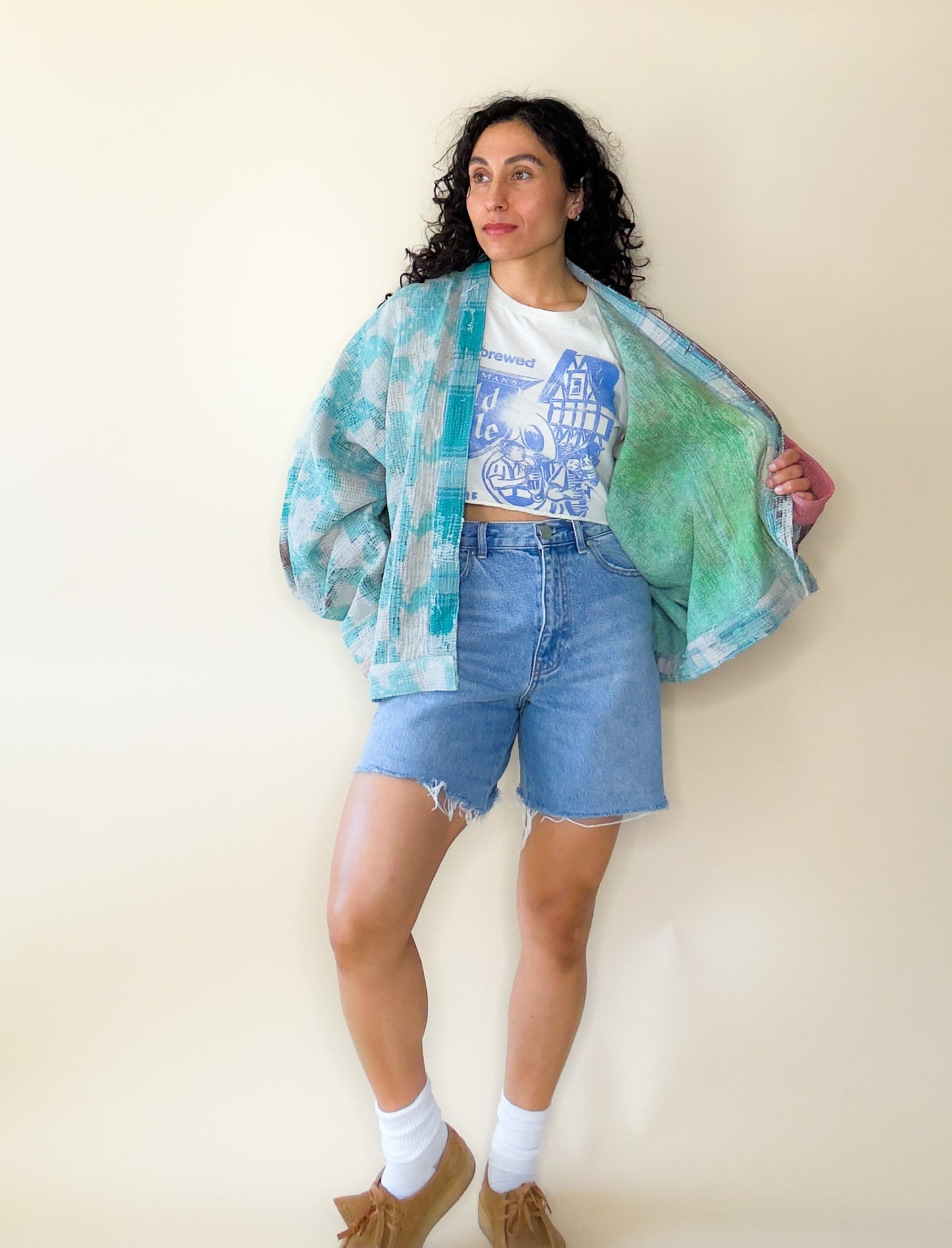 New Grunge | Raglan Sleeve Cropped Quilted Kantha Jacket | Reversible
