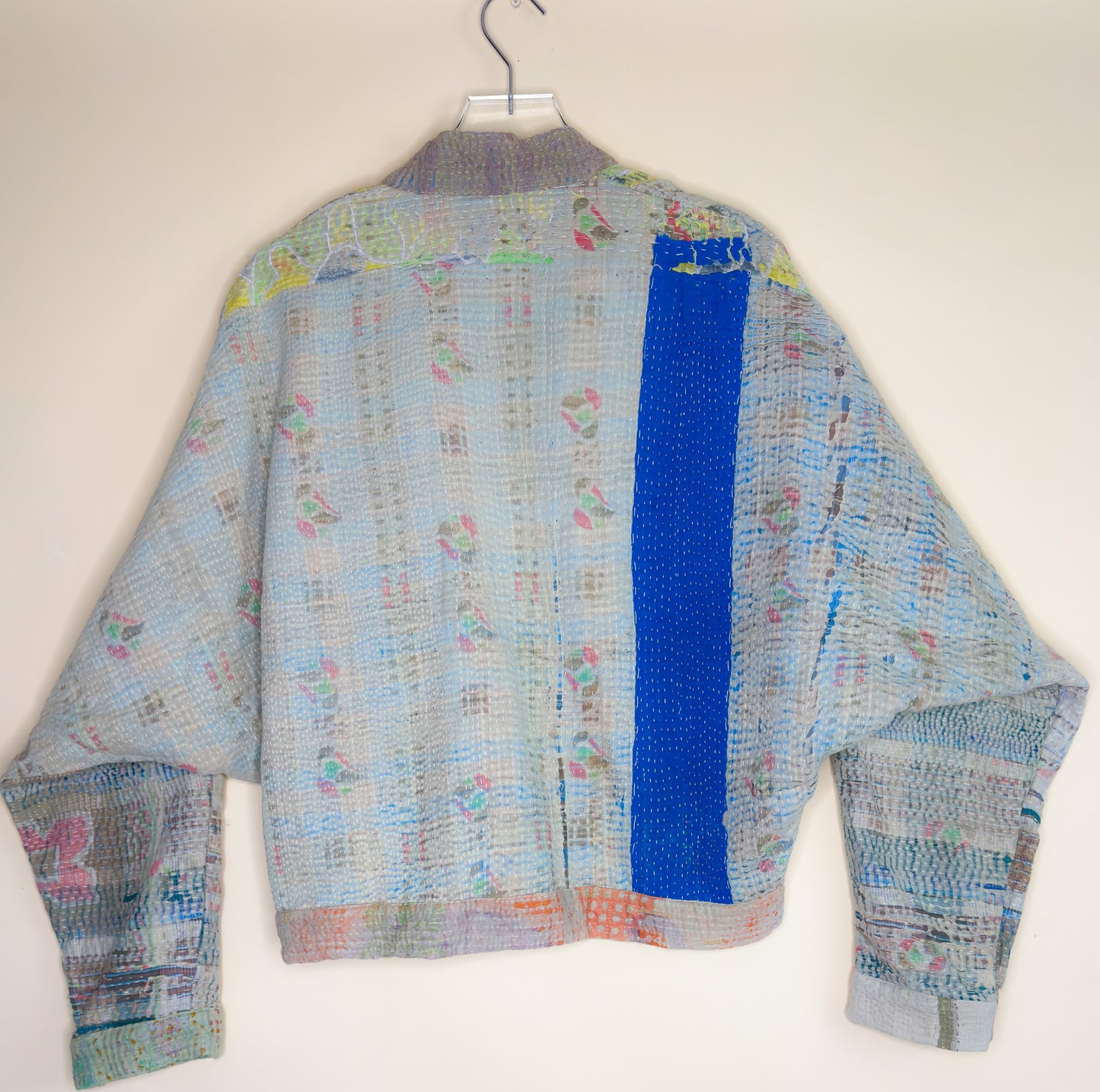 Blue Stripe | Raglan Sleeve Cropped Quilted Kantha Jacket | Reversible