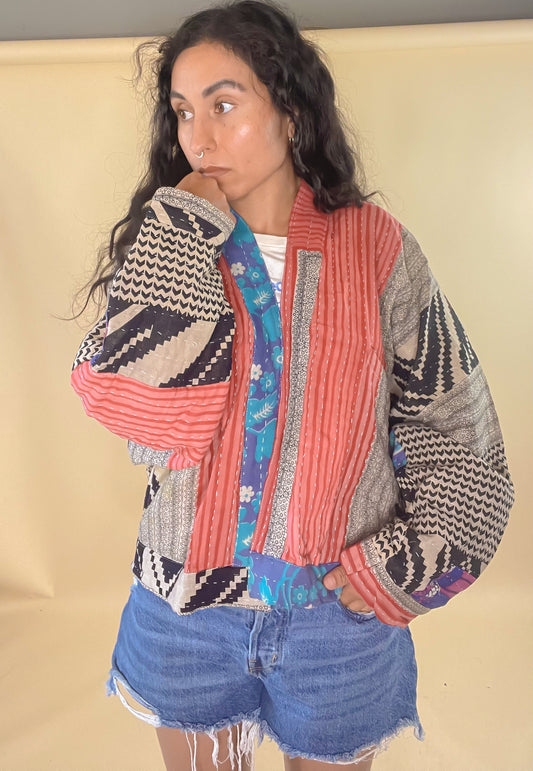 Pink Magnolia Raglan Sleeve Kantha Jacket