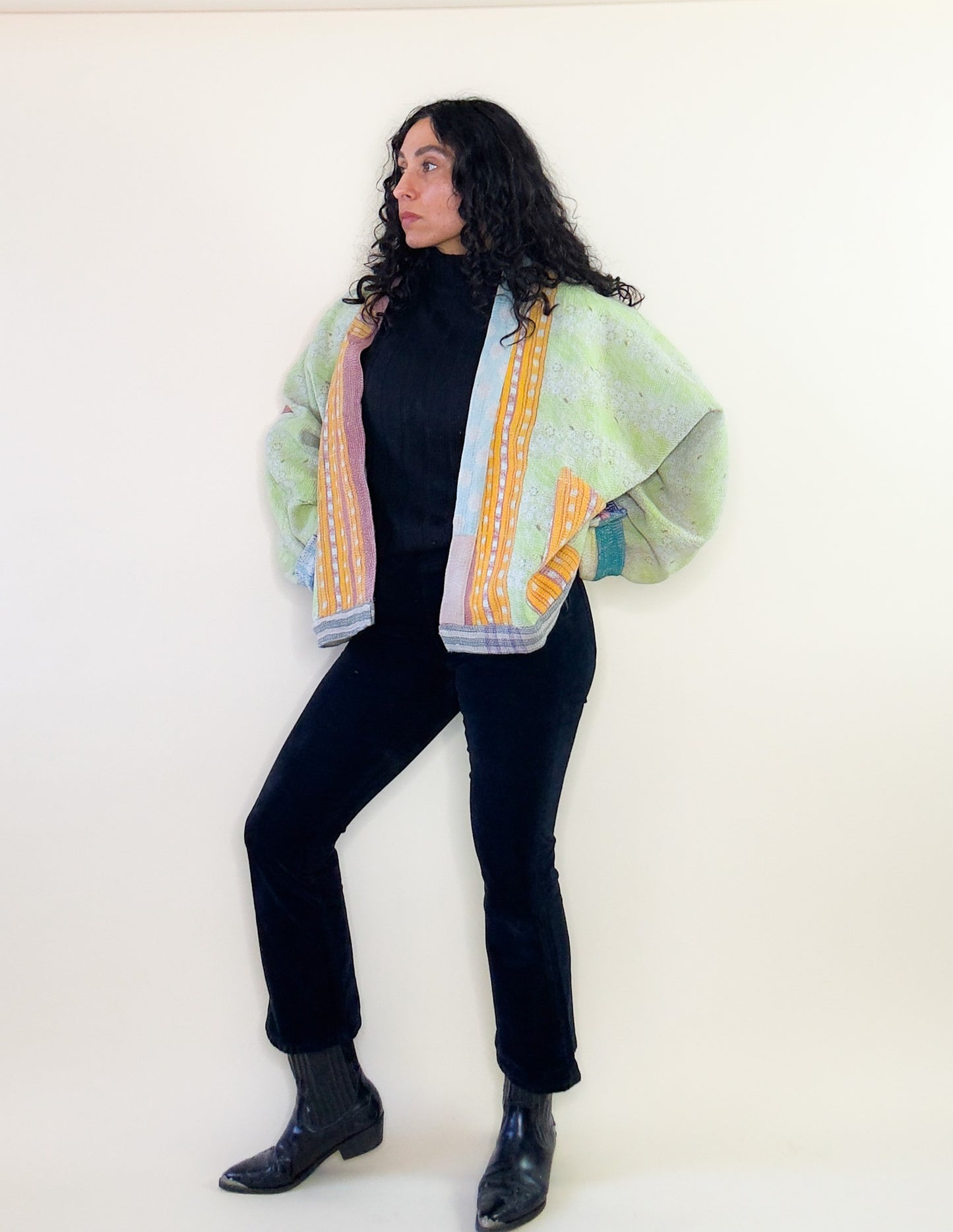 Good Luck| Raglan Sleeve Cropped Upcycled Indian Quilt Jacket