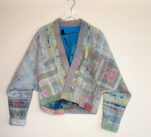 Blue Stripe | Raglan Sleeve Cropped Quilted Kantha Jacket | Reversible