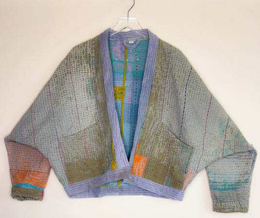 Sage  Moon| Raglan Sleeve Cropped Quilted Kantha Jacket | Reversible