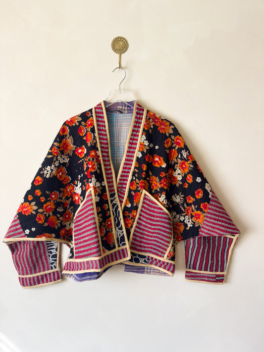 multicolor sustainable Kantha jacket with raglan sleeves and cropped fit, handmade for all season wear