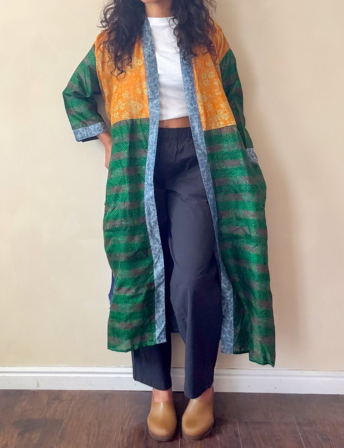 Blue and Jewel | Maxi Upcycled Silk Saree Kimono