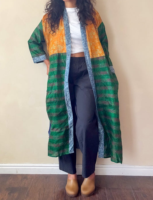 Blue and Jewel | Maxi Upcycled Silk Saree Kimono