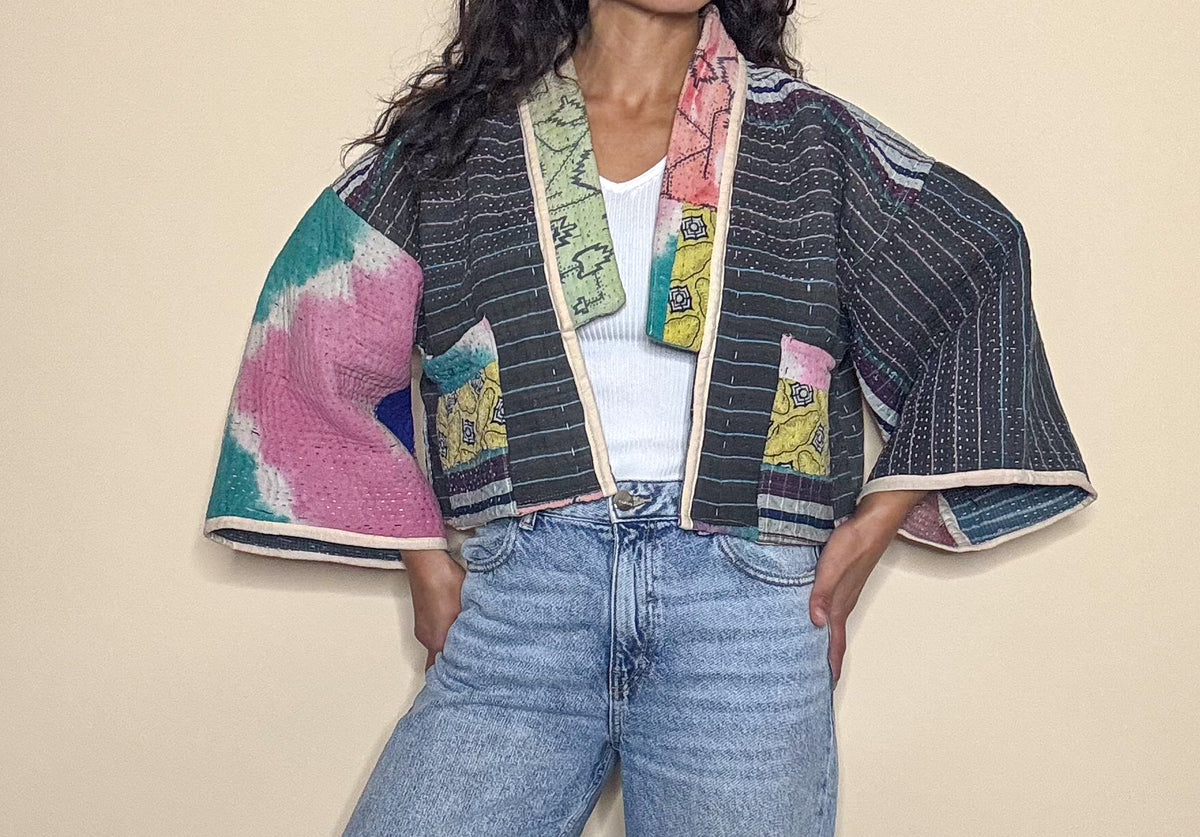 The Mila | Batwing Sleeve Cropped Kantha Jacket | Reversible